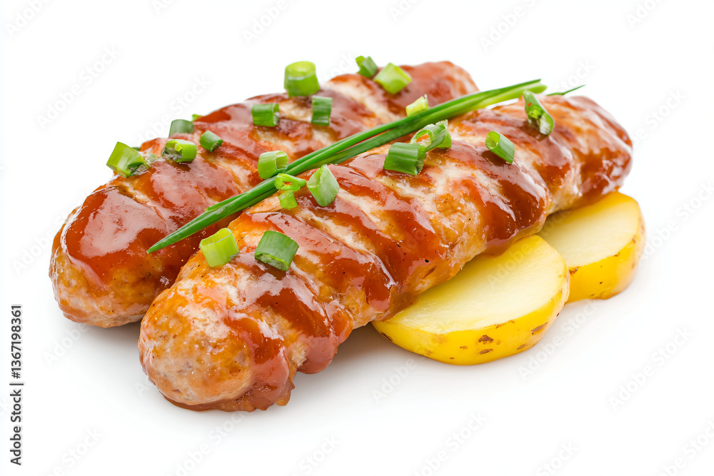 a hot dog with a side of potatoes and green onions a hot dog with a side of potatoes and green onions