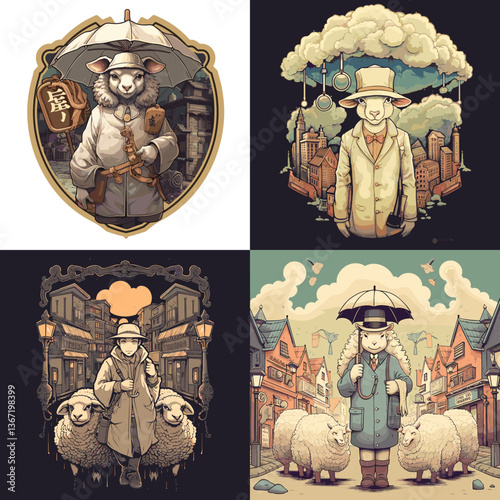 Charming cartoon sheep and shepherd characters in vintage outfits with village backdrops. Ideal for storybook art, pastoral scenes, character design, and whimsical farm illustrations.

