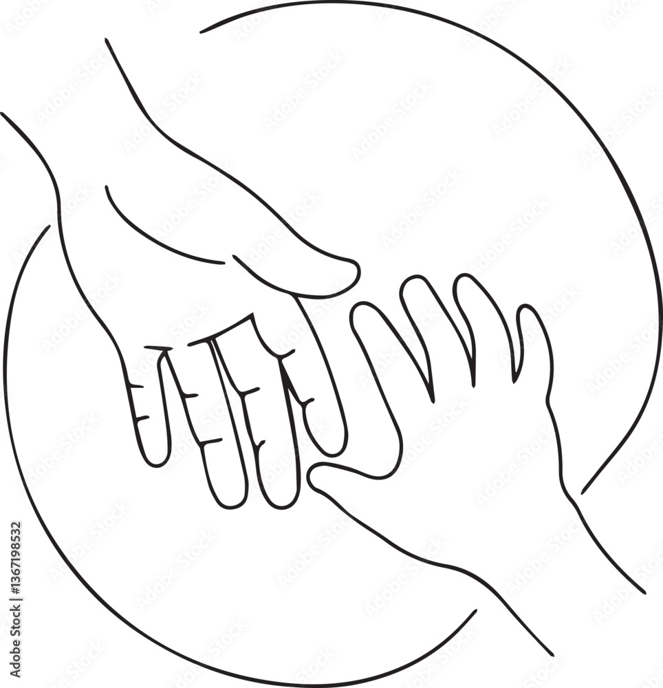 Obraz premium Hands holding each other in a circle. Black and white vector illustration.