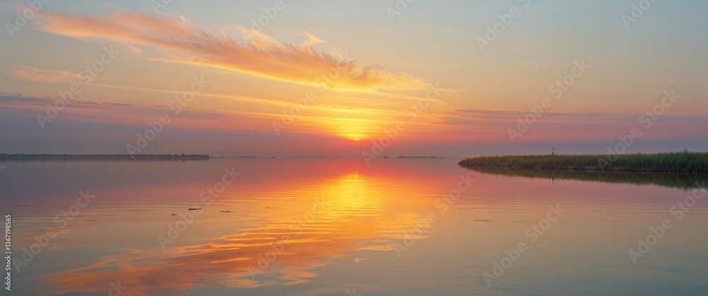 Obraz premium Golden Sunset Reflecting On Calm Lake Water.