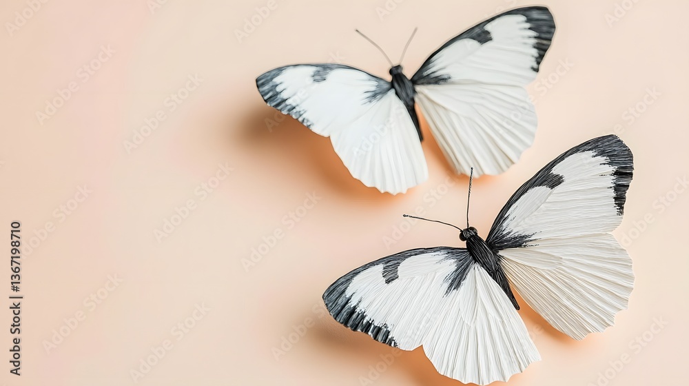 Obraz premium Two Elegant White and Black Butterflies with Delicate Wings on a Soft Peach Background