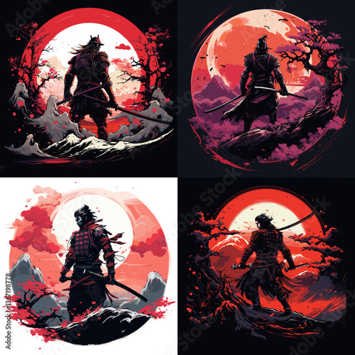 Epic samurai warrior silhouettes with red sun backdrops and dramatic landscapes. Ideal for Japanese art, martial themes, fantasy posters, historical design, and warrior illustrations.

