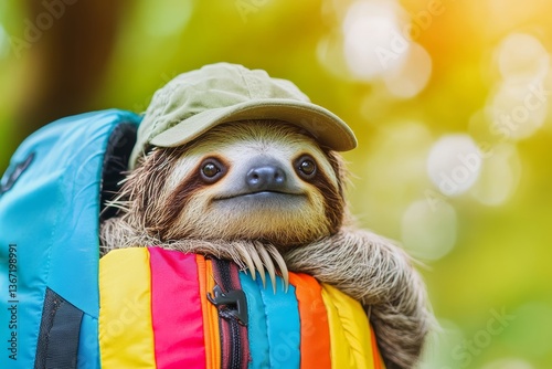 Curious sloth peeking out from a colorful backpack, wearing a small explorer’s cap