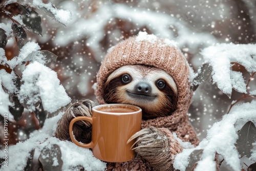 Cute sloth in a knitted winter hat sitting near a mug of hot cocoa surrounded by snow-covered branches

