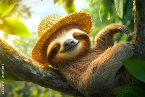 Cute sloth wearing a tiny straw hat, hanging lazily from a tree branch in a sunny tropical forest

