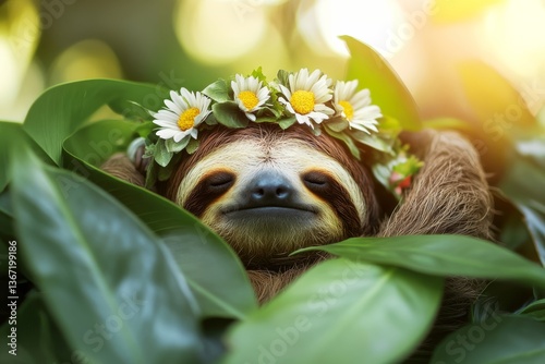 The sloth wearing a flower crown, nestled in a bed of soft tropical leaves during golden hour