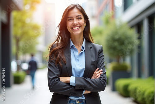 Portrait of a confident young entrepreneur smiling brightly while standing outdoors in a modern urban environment Free Download Portrait of a confident young entrepreneur smiling brightly while standing outdoors in a modern urban environment - GFXLoad
