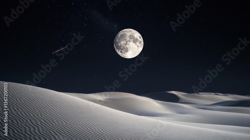 Luminous Full Moon Over Expansive Desert Dunes Under a Starry Night Sky