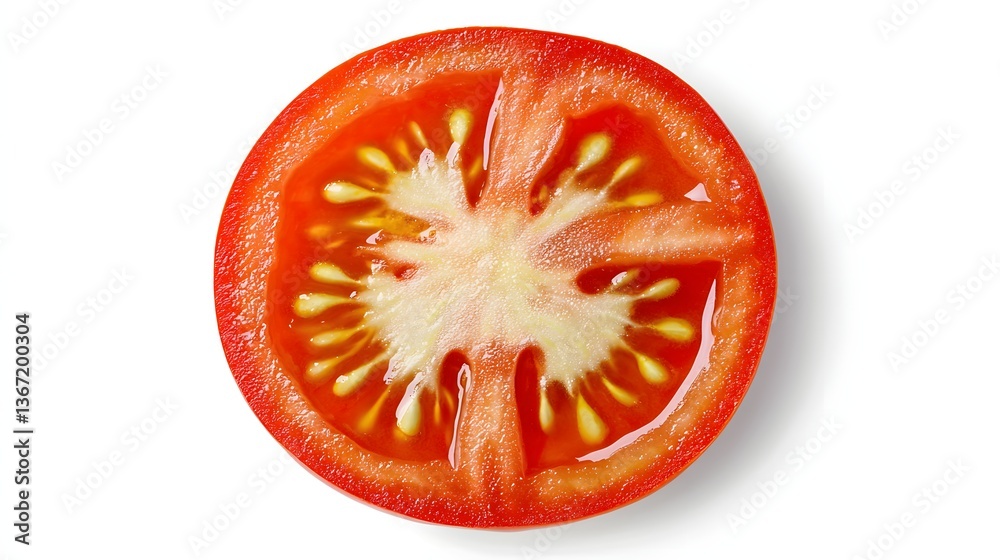 Close Up of a Vibrant Sliced Tomato Showcasing Juicy Seeds and Rich Red Flesh Close Up of a Vibrant Sliced Tomato Showcasing Juicy Seeds and Rich Red Flesh