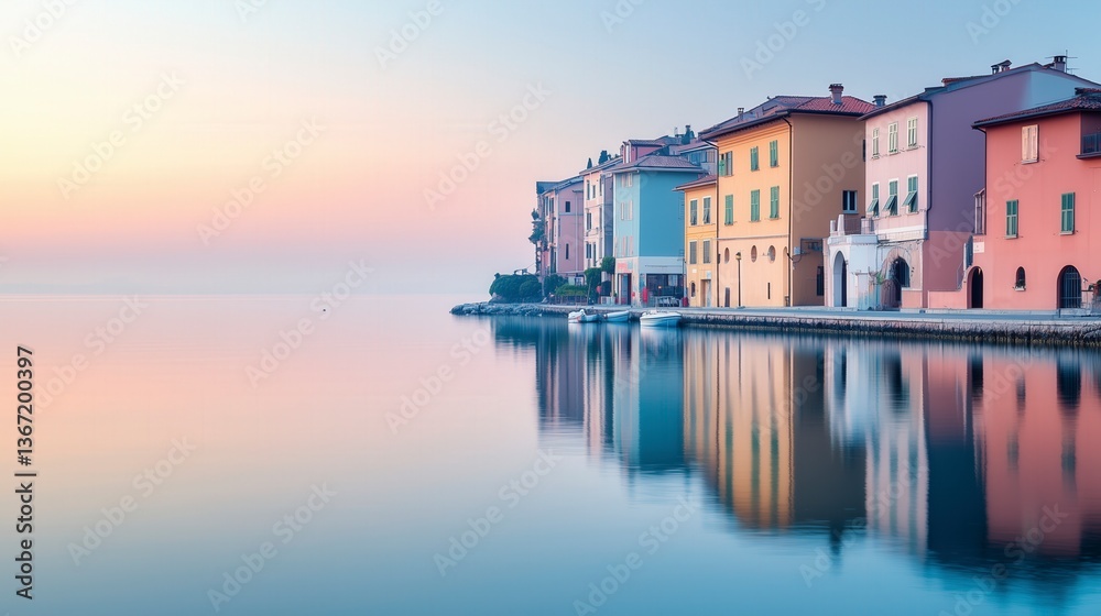 Obraz premium Tranquil summer morning in a European coastal town with colorful buildings reflecting in the calm sea under a soft pastel sky