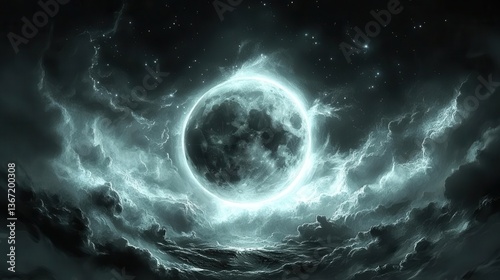 Luminous Full Moon Surrounded By Billowing Clouds Over A Peaceful Ocean At Night