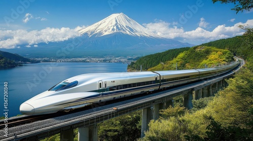 Scenic view of a modern high-speed train passing through a landscape with mountains photo