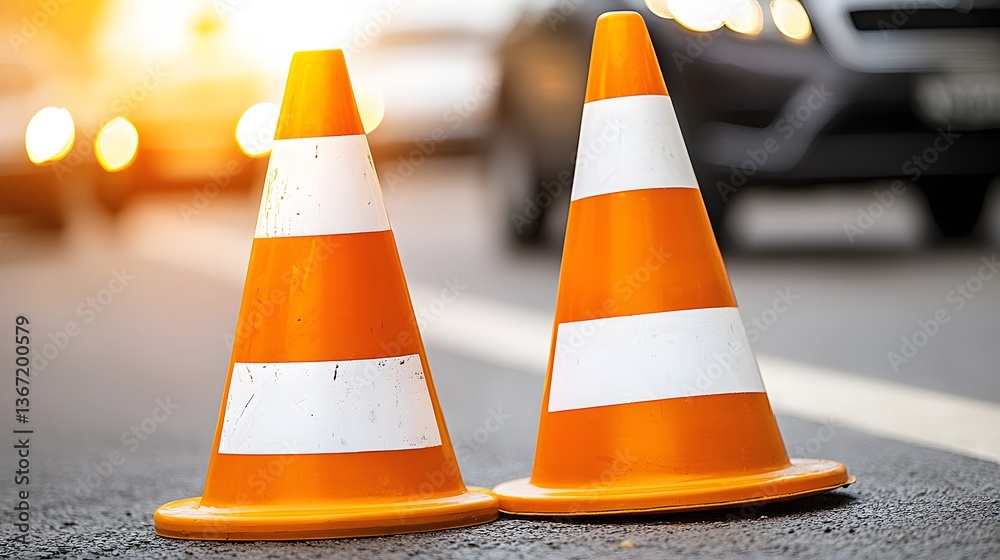 Traffic Safety Cones Positioned Side by Side on a City Road During Daylight with Blurred Vehicles Traffic Safety Cones Positioned Side by Side on a City Road During Daylight with Blurred Vehicles