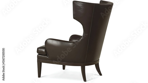 A brown leather chair with a high back and a wooden frame