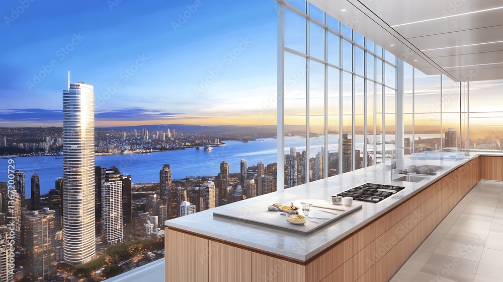 Fototapeta premium A modern kitchen overlooking a vibrant city skyline during sunset
