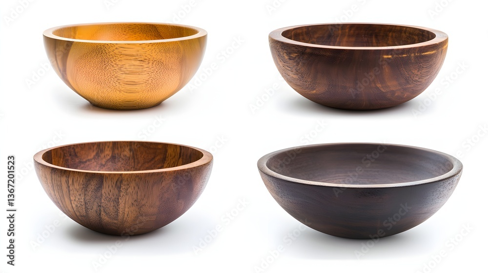 Set of Four Unique Wooden Bowls in Various Natural Finishes Displayed on White Background Set of Four Unique Wooden Bowls in Various Natural Finishes Displayed on White Background