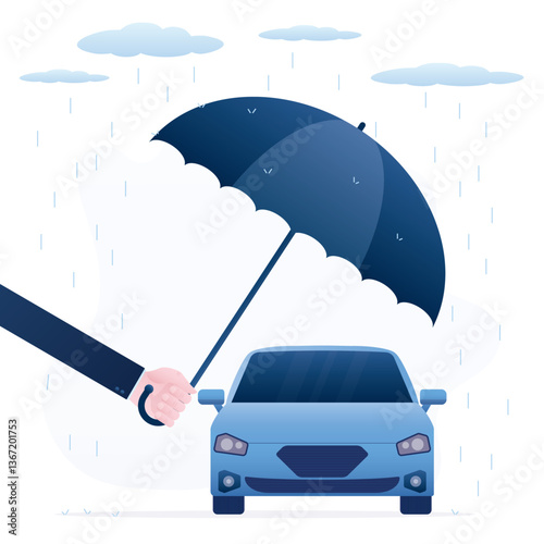 Car insurance concept. Umbrella that protects automobile. Insurance policy. Car assurance, clerk or agent hand holding umbrella above modern auto.
