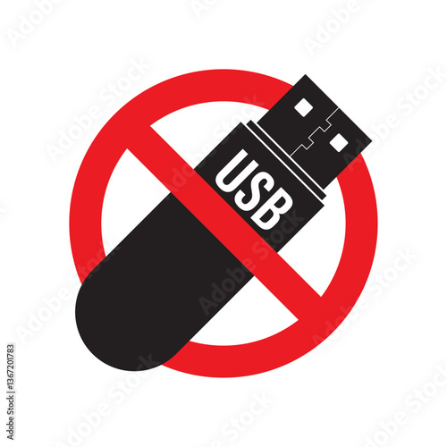 No Usb stick, Flash drive prohibition icon sign. No or stop red circle and usb flash drive sign isolated on white background.