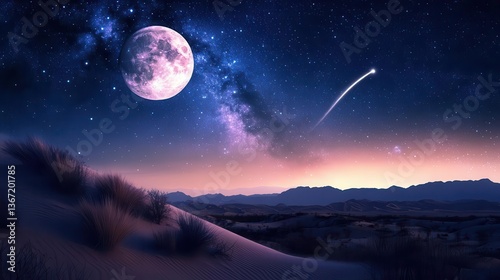 Majestic Full Moon Over Desert Dunes Under Starry Sky with Milky Way and Comet