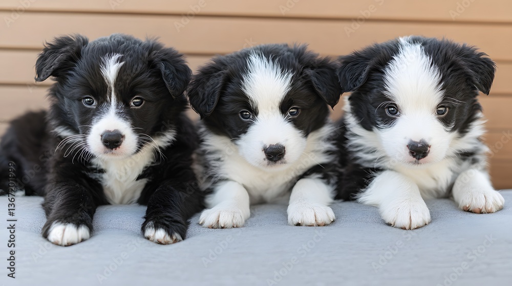 Obraz premium Three Adorable Border Collie Puppies Resting Together on a Soft Surface with a Warm Background