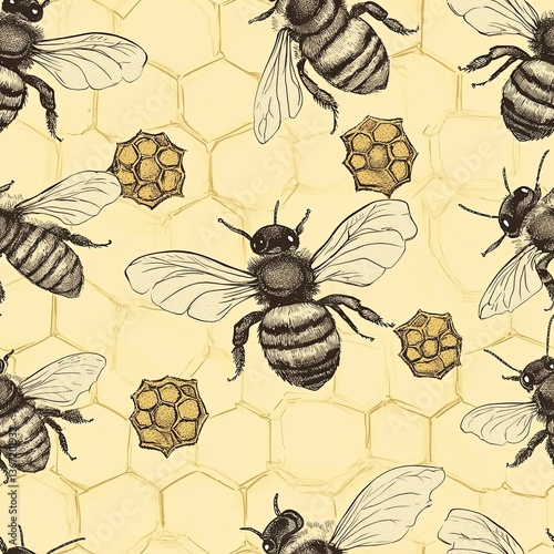 
A Seamless pattern of honeybee wings with intricate details, buzzing around tiny honeycombs, set against a light golden background

