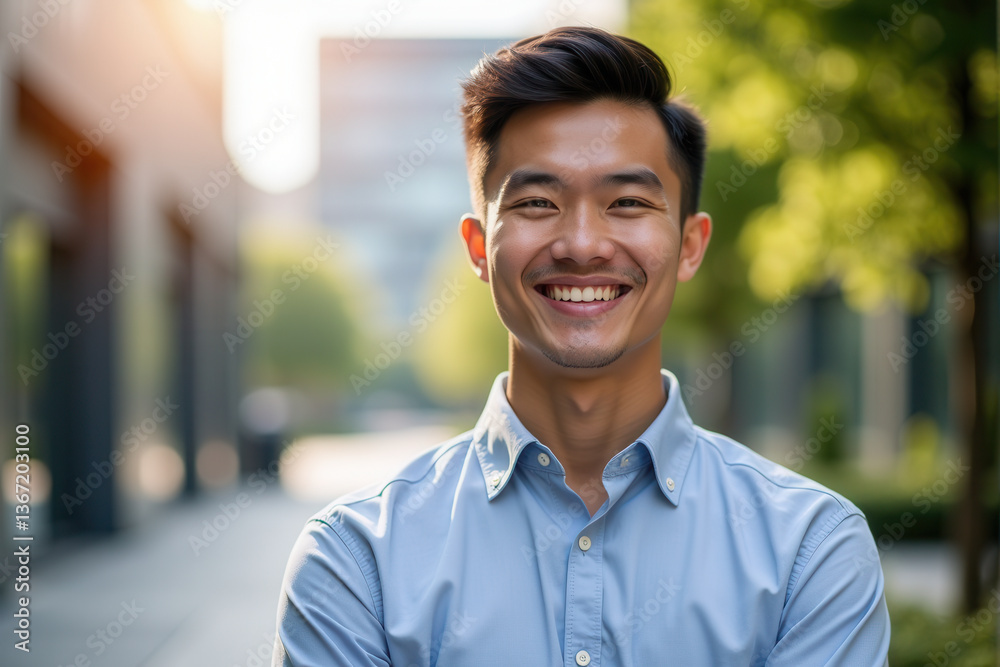 Obraz premium Portrait of a confident young entrepreneur smiling brightly while standing outdoors in a modern urban environment