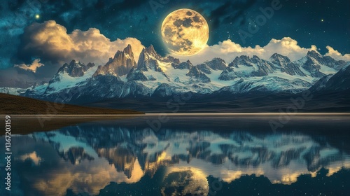 Majestic Moonlit Mountains Reflecting in a Serene Lake Under a Starry Night Sky