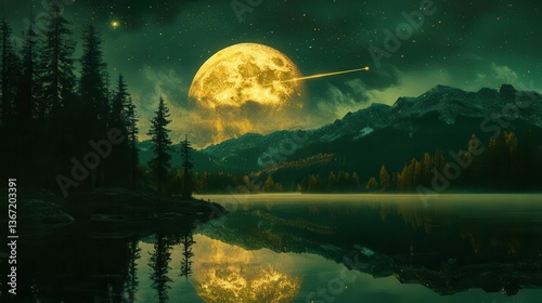 Majestic Night Landscape with Glowing Moon and Starry Sky Reflecting in Calm Lake