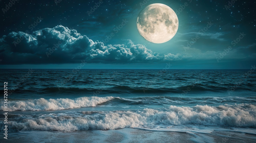 Beautiful Night Scene of a Full Moon Over the Ocean with Waves and Clouds Under a Starry Sky Beautiful Night Scene of a Full Moon Over the Ocean with Waves and Clouds Under a Starry Sky
