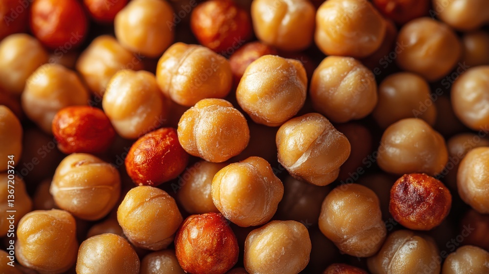 Obraz premium a close up view of a mix of roasted chickpeas,peeled peanuts showcasing their textures,golden brown hues a healthy crunchy snack rich in protein,nutrients