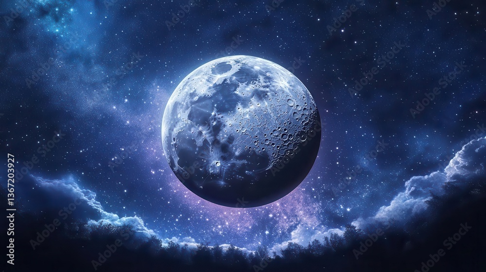 Fototapeta premium Captivating Night Sky with a Luminous Moon Surrounded by a Sea of Twinkling Stars