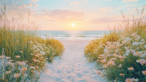A sandy beach path lined with wildflowers and tall grasses, leading to the ocean under a soft pastel sunset sky, a peaceful summer escape