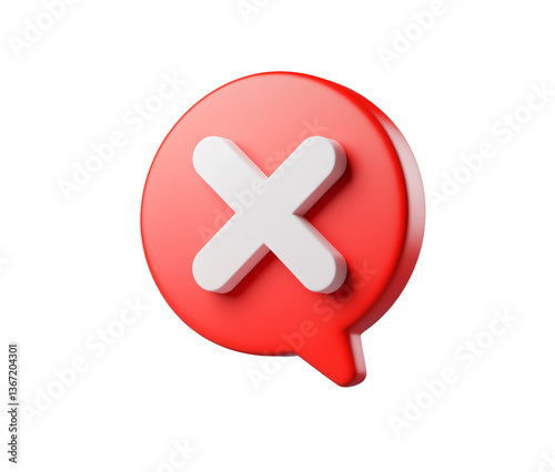 3D red speech bubble with white X icon on transparent background, PNG