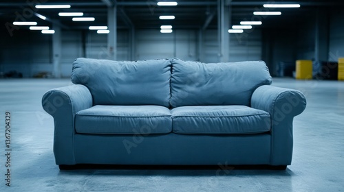 Blue two cushion sofa sits in vast empty warehouse space