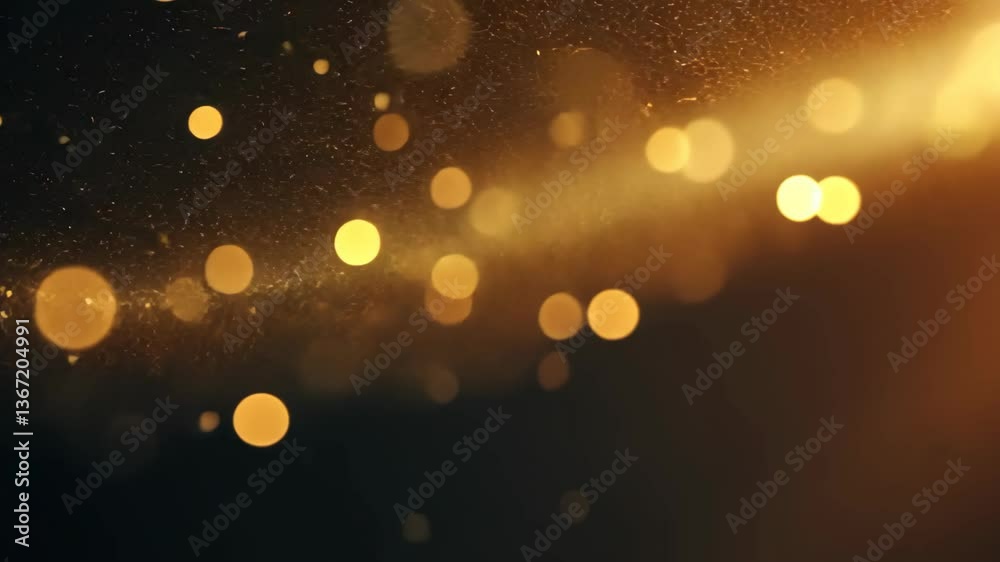 abstract background elegance gold bokeh light with gold dust sparkle gently floating in dark background, dreamy luxury mysterious 