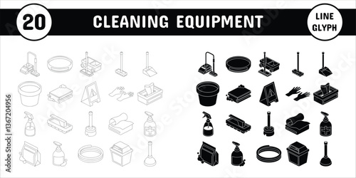 Cleaning Equipment Line Glyph Vector Illustration Icon Sticker Set Design Materials