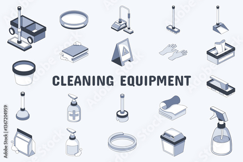 Cleaning Equipment Lineal Color Vector Illustration Icon Sticker Set Design Materials