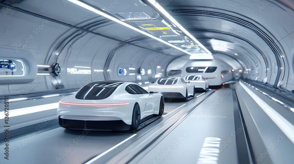 Fototapeta premium Futuristic city highway tunnel system with self driving electric vehicles in high speed motion showcasing advancements in urban transportation and infrastructure