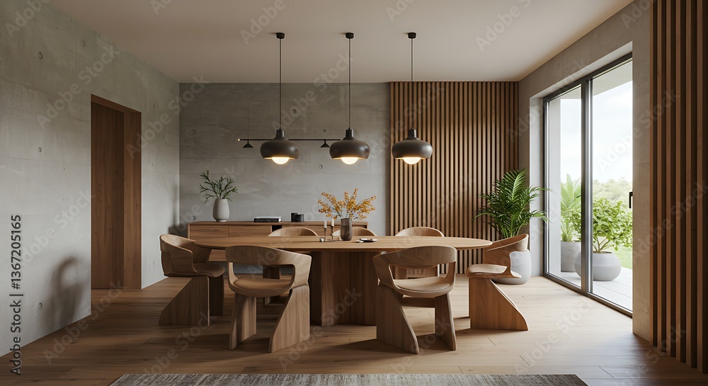Fototapeta premium Interior of modern dining room, dining table and wooden chairs in room with concrete wall. Home design. 3d rendering 