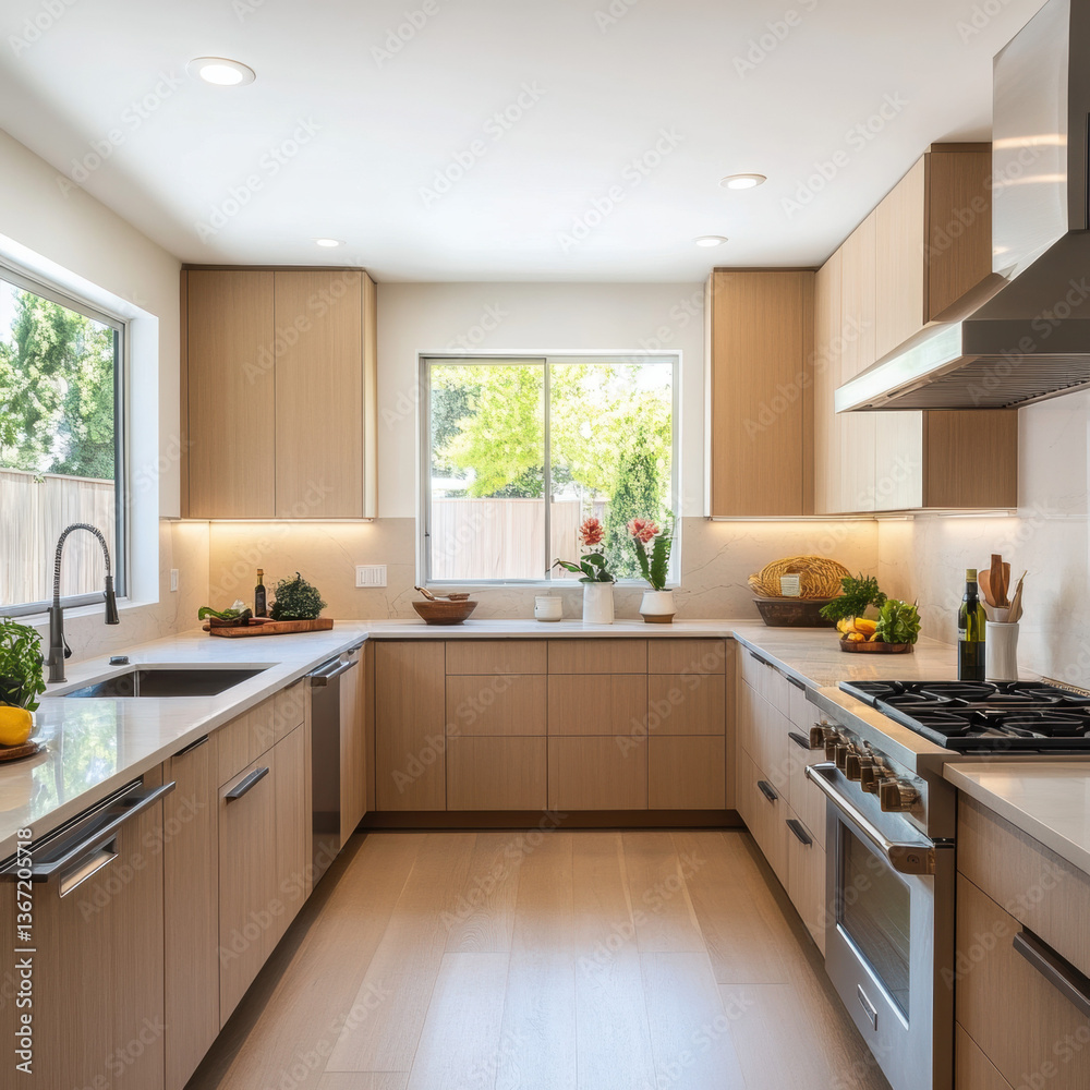 Fototapeta premium Modern kitchen interior with sleek cabinets, appliances, and a luxurious design featuring wood finishes, granite counters, and a spacious layout