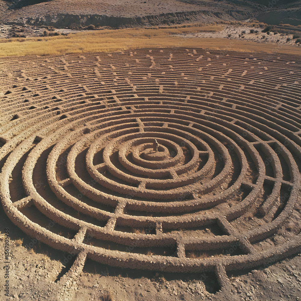 Aerial View of Ancient Stone Spiral Maze in Arid Landscape Aerial View of Ancient Stone Spiral Maze in Arid Landscape