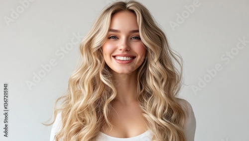 radiant portrait of an attractive blonde woman with a captivating smile and flowing wavy hair