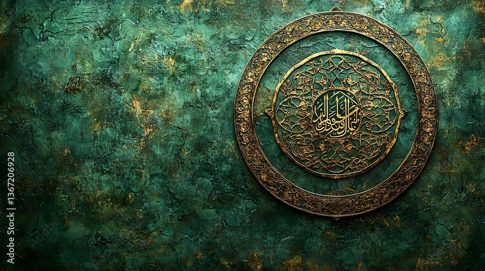Naklejka premium Ornate Islamic calligraphy on textured green wall