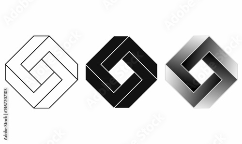 Abstract impossible rhombus optical illusion logo in outline, solid, and gradient styles. Ideal for branding, technology, construction, and corporate identity designs.