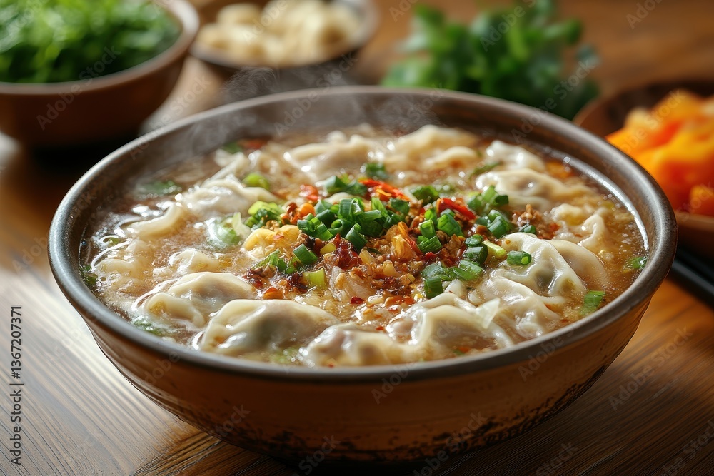 Steaming bowl of wonton soup, garnished with scallions and chili oil. It's ideal for food blogs, Asian restaurants, or cookbook illustration. Steaming bowl of wonton soup, garnished with scallions and chili oil. It's ideal for food blogs, Asian restaurants, or cookbook illustration.