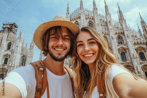 Happy couple taking selfie in front of Duomo cathedral in Milan, Lombardia - Two tourists having fun on romantic summer vacation in Italy - Holidays and traveling lifestyle