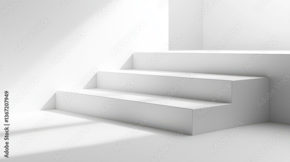 Minimalist White Stairs in Bright Loft Space with Soft Shadows Creating an Elegant and Modern Architectural Ambiance Minimalist White Stairs in Bright Loft Space with Soft Shadows Creating an Elegant and Modern Architectural Ambiance