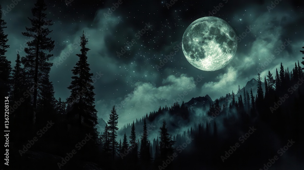 Naklejka premium Moonlit Night Over a Mystical Forest with Stars and Clouds in a Tranquil Atmosphere