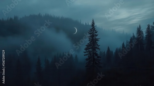 Mysterious Foggy Forest Landscape with Silhouetted Trees and a Crescent Moon at Dusk