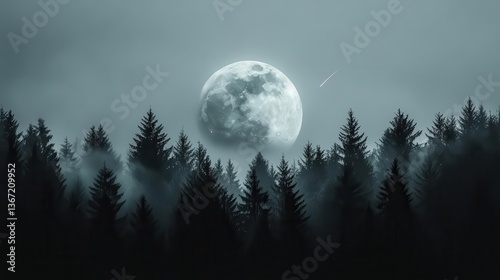 Mysterious Night Landscape with a Full Moon Illuminating a Foggy Forest Silhouette